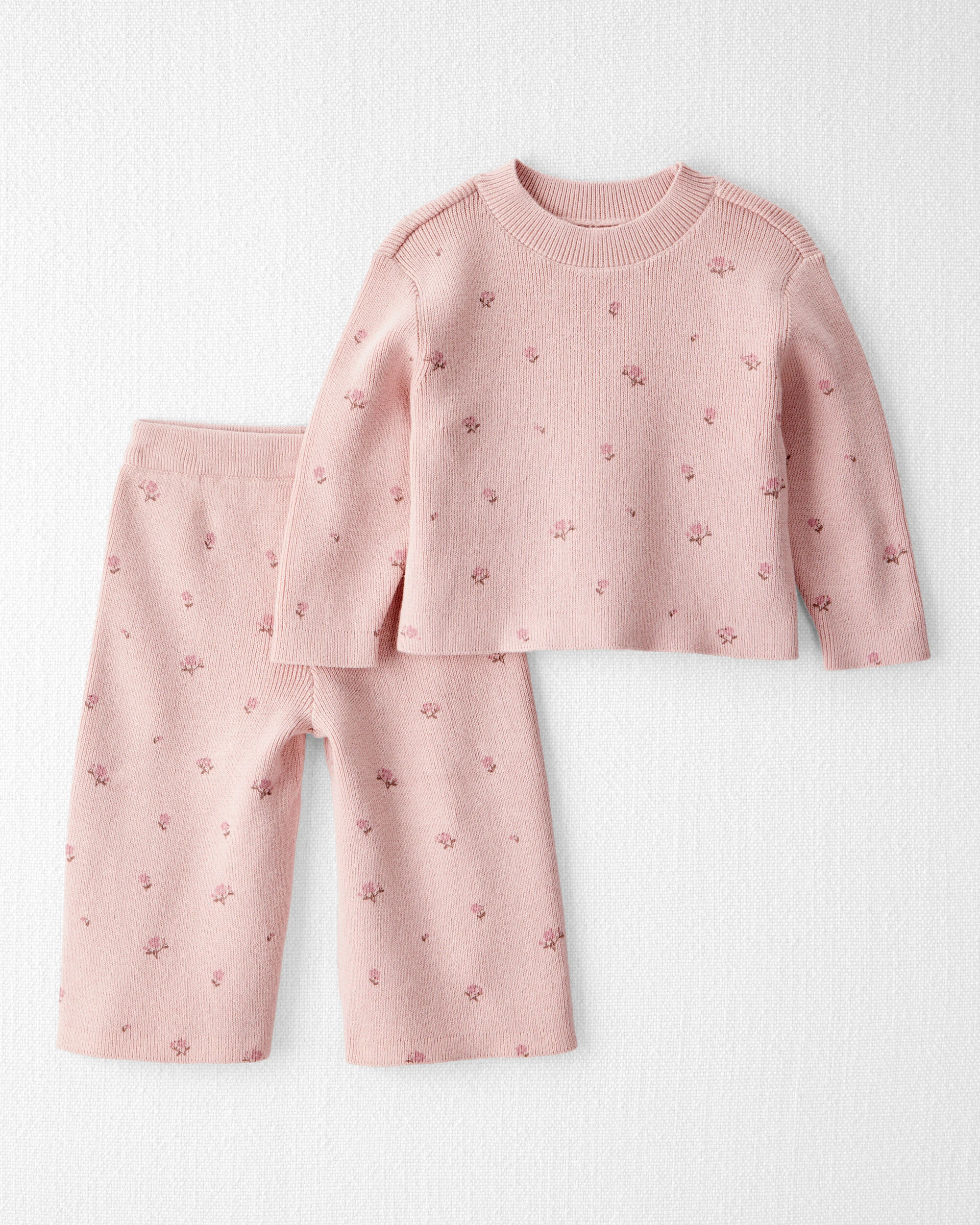 Baby Girl 2-Piece Organic Cotton Sweater Knit Set in Blush Petals Print 1 Baby Girl 2-Piece Organic Cotton Sweater Knit Set in Blush Petals Print