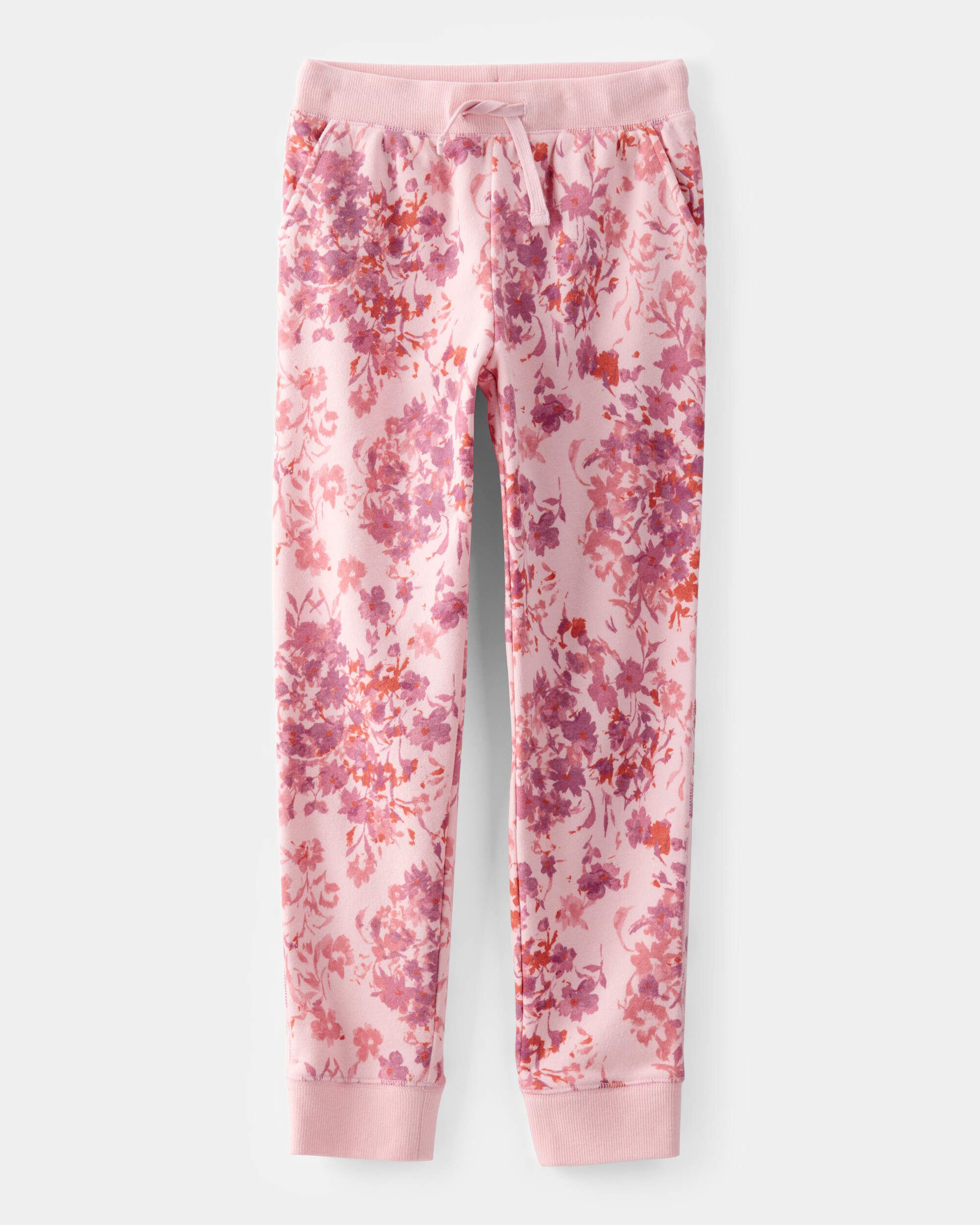 Girls Floral Fleece Drawstring Joggers - Pink 1 Girls Floral Fleece Drawstring Joggers - Pink