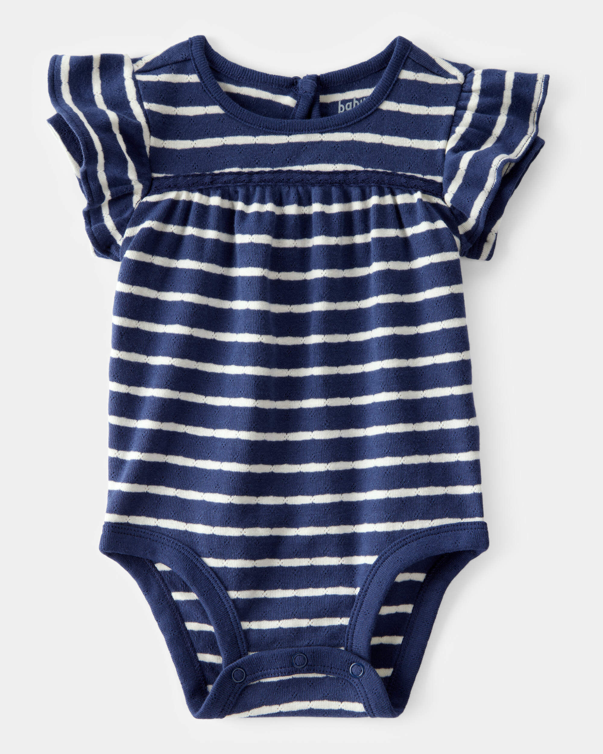 Baby Pointelle Striped Ruffle Short-Sleeve Bodysuit - Navy/White 1 Baby Pointelle Striped Ruffle Short-Sleeve Bodysuit - Navy/White