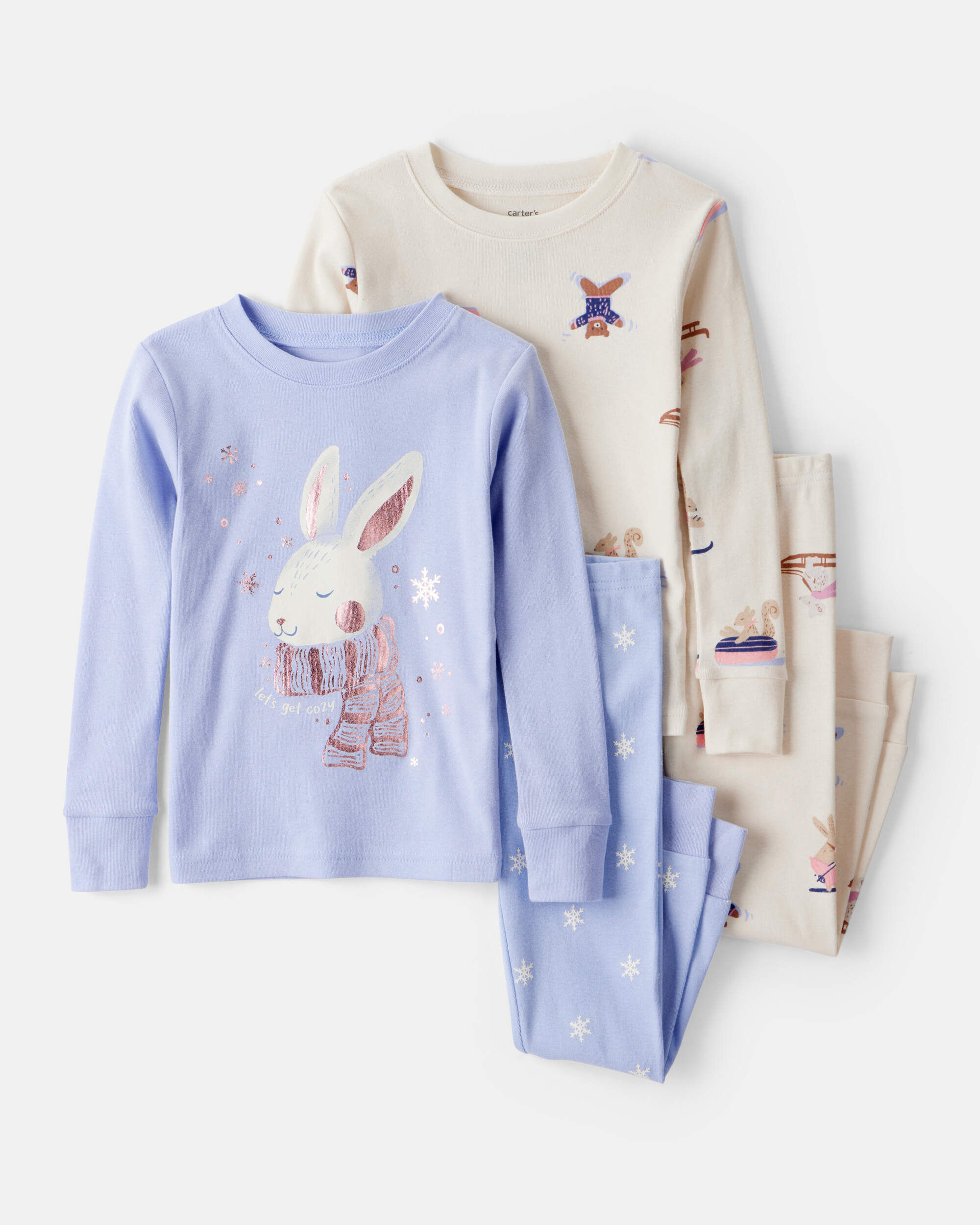 Toddler Girl Bunny Print 100% Cotton Long-Sleeve Snug Fit 4-Piece Pajamas - Brown/Blue 1 Toddler Girl Bunny Print 100% Cotton Long-Sleeve Snug Fit 4-Piece Pajamas - Brown/Blue