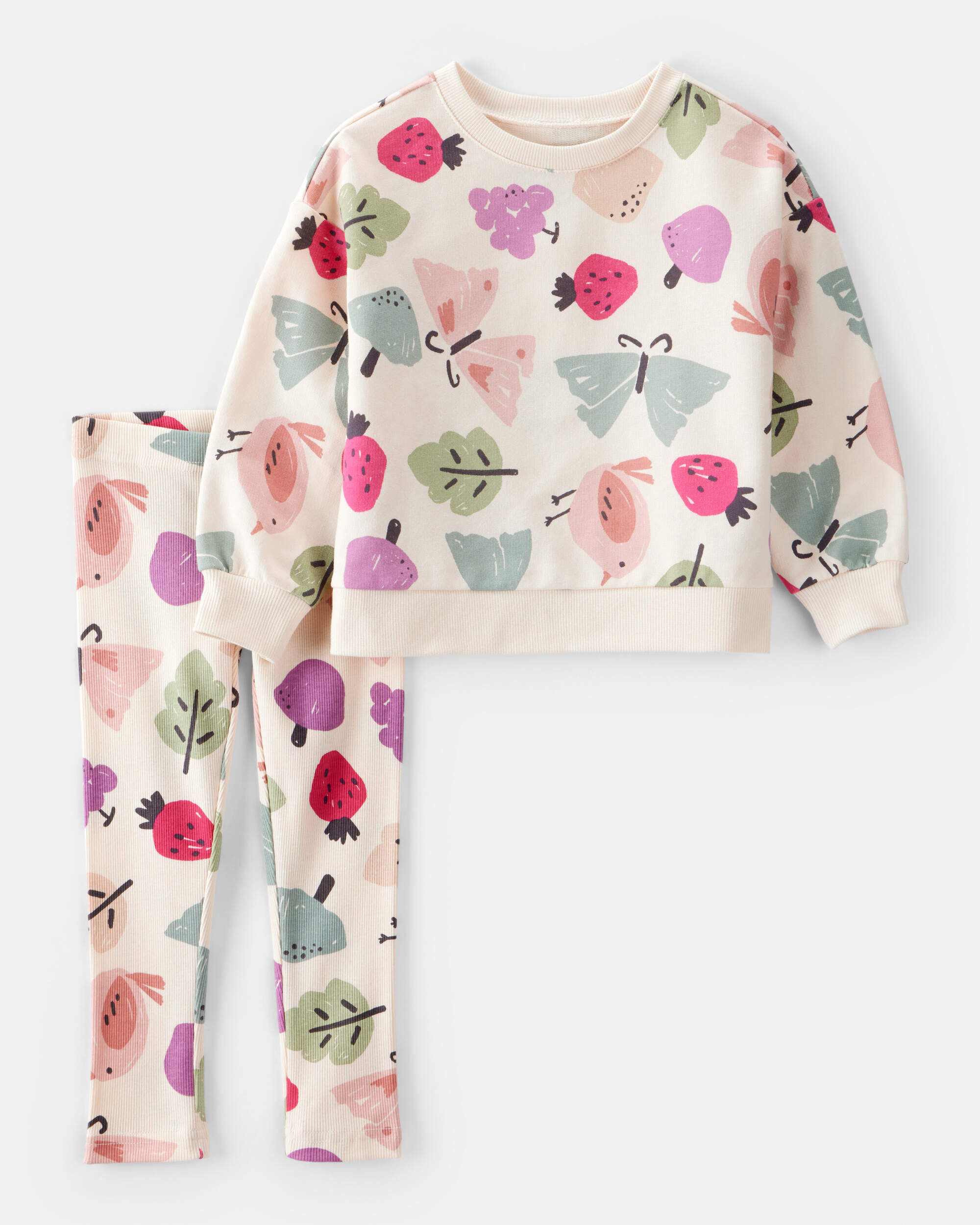 Toddler Girl Butterfly Fruit Print Cotton Long-Sleeve Tee & Pant Set - White 1 Toddler Girl Butterfly Fruit Print Cotton Long-Sleeve Tee & Pant Set - White