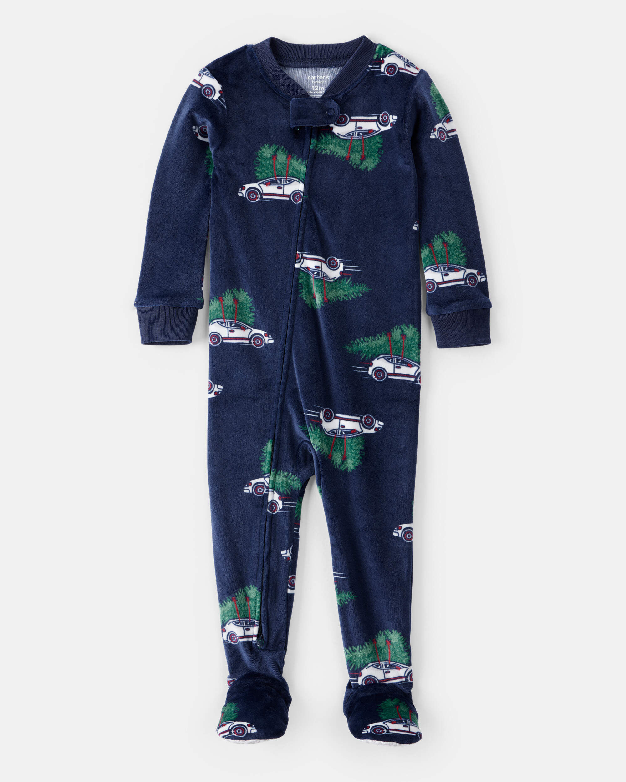 Baby Boy Car Print Velour Long-Sleeve Snug Fit 1-Piece Pajamas - Navy 1 Baby Boy Car Print Velour Long-Sleeve Snug Fit 1-Piece Pajamas - Navy